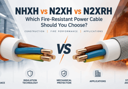 NHXH vs N2XH vs N2XRH comparison showing fire-resistant power cable constructions, insulation differences, steel-wire armour, fire performance and typical critical infrastructure applications.
