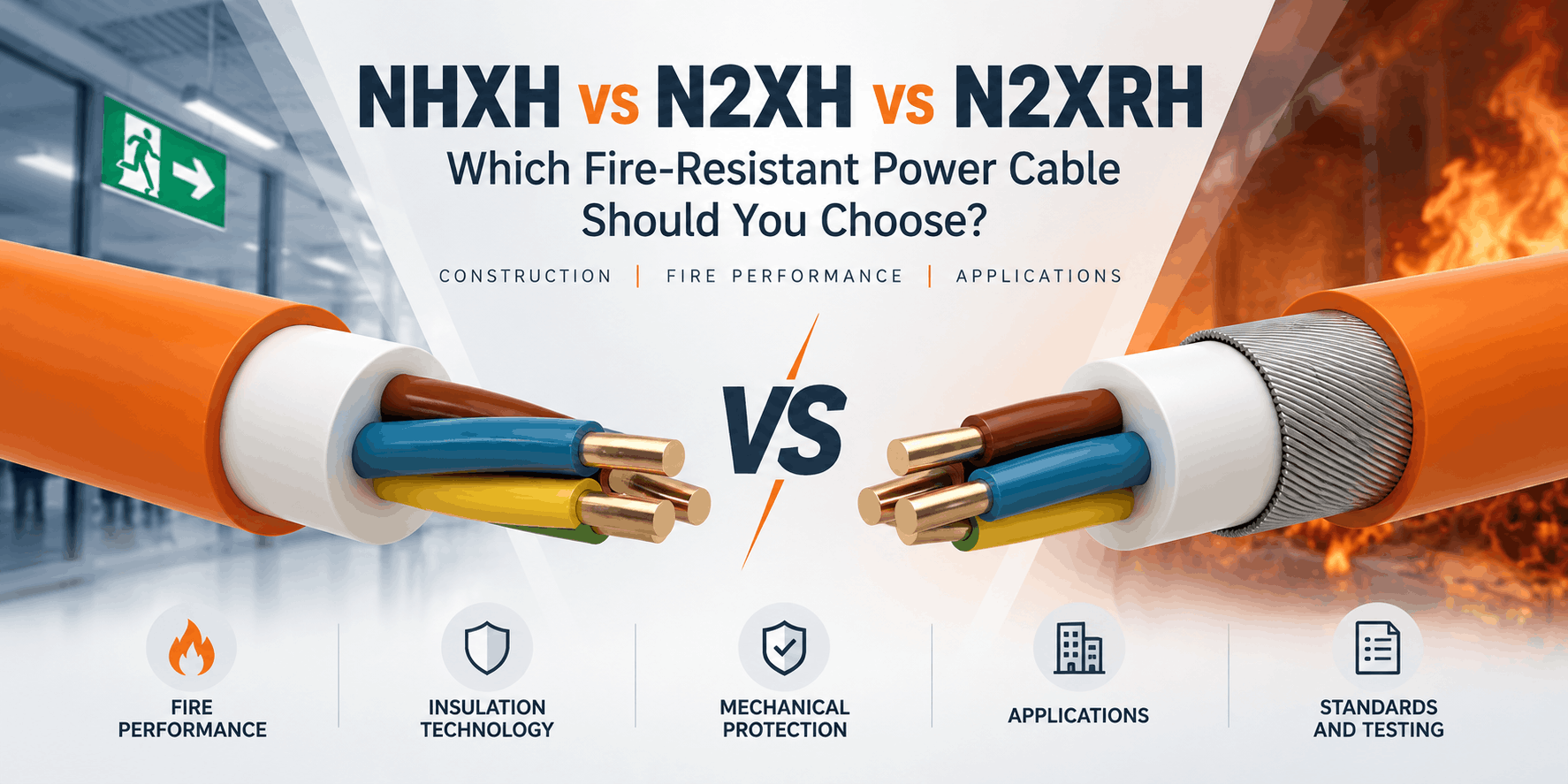 NHXH vs N2XH vs N2XRH comparison showing fire-resistant power cable constructions, insulation differences, steel-wire armour, fire performance and typical critical infrastructure applications.