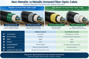 Non-metallic vs metallic armored fiber optic cable comparison showing corrugated steel tape, SWA, aramid yarn and glass yarn with differences in crush resistance, rodent protection, weight, flexibility, grounding and high-voltage suitability.