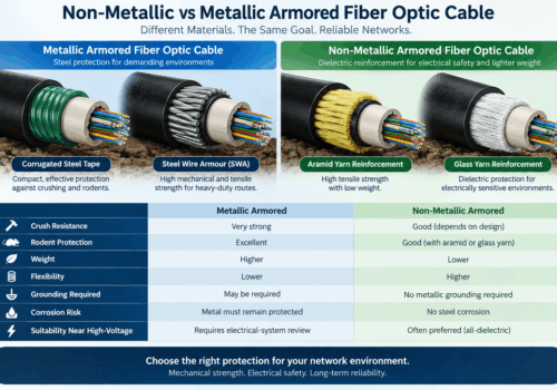 Non-metallic vs metallic armored fiber optic cable comparison showing corrugated steel tape, SWA, aramid yarn and glass yarn with differences in crush resistance, rodent protection, weight, flexibility, grounding and high-voltage suitability.