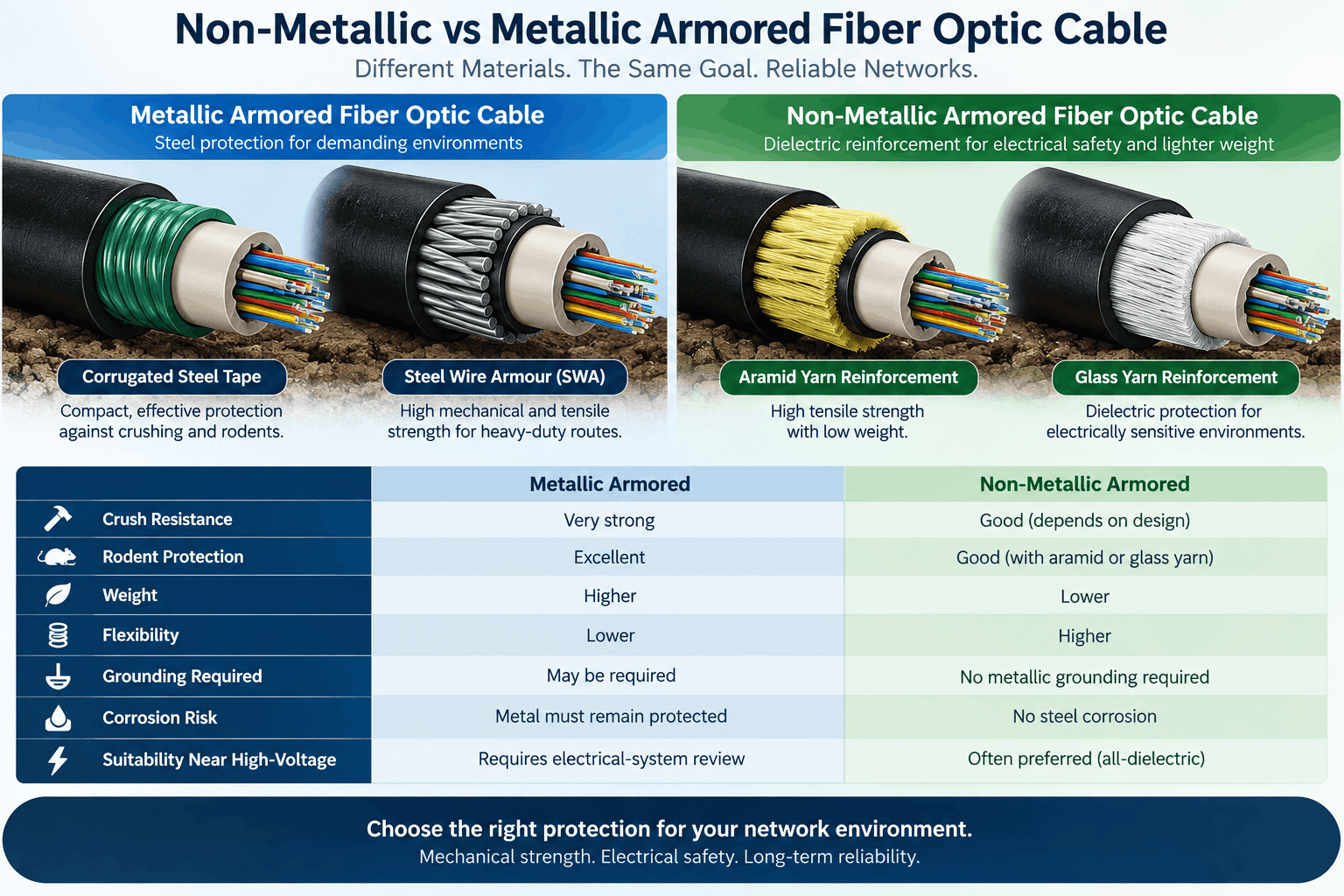 Non-metallic vs metallic armored fiber optic cable comparison showing corrugated steel tape, SWA, aramid yarn and glass yarn with differences in crush resistance, rodent protection, weight, flexibility, grounding and high-voltage suitability.