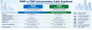 PiMF vs TiMF instrumentation cable comparison showing individually screened pairs and triads, conductor count, Al/PET foil screening, drain wires, crosstalk control and typical 4–20 mA and 3-wire RTD applications.