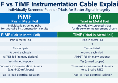 PiMF vs TiMF instrumentation cable comparison showing individually screened pairs and triads, conductor count, Al/PET foil screening, drain wires, crosstalk control and typical 4–20 mA and 3-wire RTD applications.
