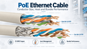 PoE Ethernet cable infographic showing Cat 6A U/UTP and S/FTP constructions with 23 AWG copper conductors, heat management and cable bundle performance for high-power network applications.