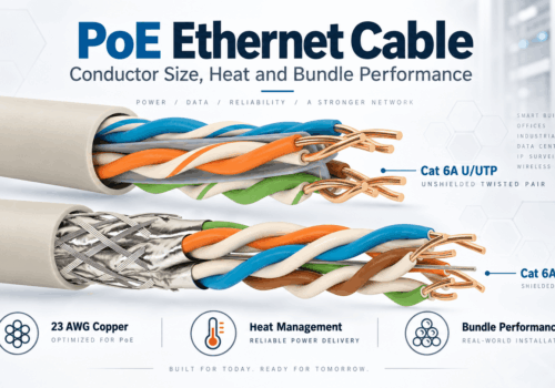PoE Ethernet cable infographic showing Cat 6A U/UTP and S/FTP constructions with 23 AWG copper conductors, heat management and cable bundle performance for high-power network applications.