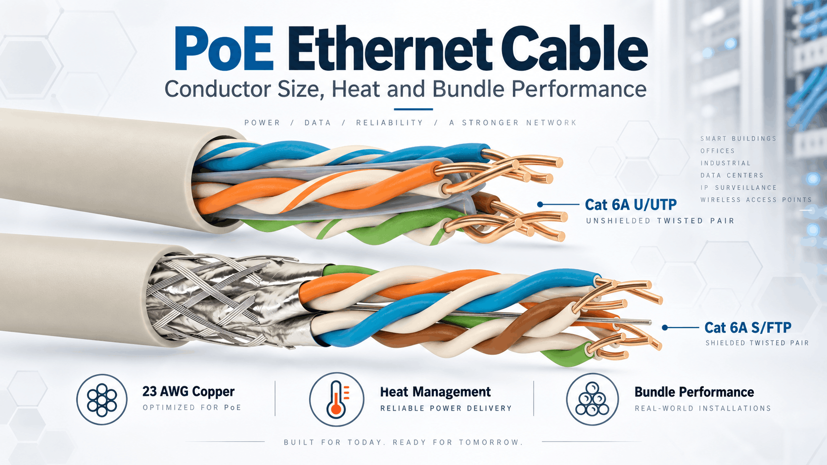 PoE Ethernet cable infographic showing Cat 6A U/UTP and S/FTP constructions with 23 AWG copper conductors, heat management and cable bundle performance for high-power network applications.