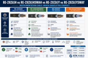 Comparison of RE-2X(St)H, RE-2X(St)HSWAH, RE-2X(St)Y and RE-2X(St)YSWAY instrumentation cables by sheath material, SWA armour and applications.