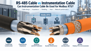 Modbus RTU cable comparison showing RS-485 and instrumentation cable constructions with shielding, twisted pairs, characteristic impedance, distance and baud-rate considerations for industrial communication.