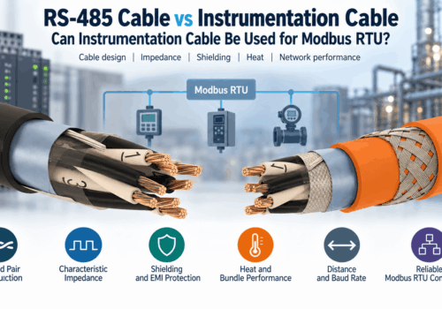 Modbus RTU cable comparison showing RS-485 and instrumentation cable constructions with shielding, twisted pairs, characteristic impedance, distance and baud-rate considerations for industrial communication.