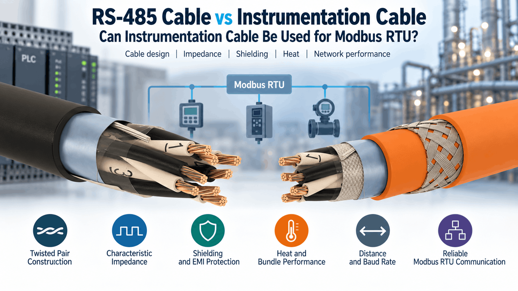 Modbus RTU cable comparison showing RS-485 and instrumentation cable constructions with shielding, twisted pairs, characteristic impedance, distance and baud-rate considerations for industrial communication.