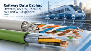Railway data cables infographic showing Ethernet, RS-485, CAN Bus, MVB and WTB communication with screened copper cable constructions for rolling stock and onboard train networks.