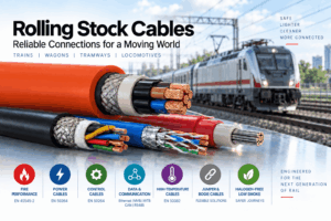 Rolling stock cables for trains, wagons, tramways and locomotives showing power, control, data communication, high-temperature, jumper and bogie cable applications with EN 45545-2, EN 50264 and EN 50382 references.