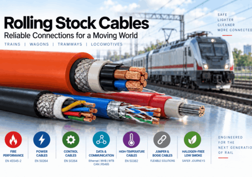 Rolling stock cables for trains, wagons, tramways and locomotives showing power, control, data communication, high-temperature, jumper and bogie cable applications with EN 45545-2, EN 50264 and EN 50382 references.
