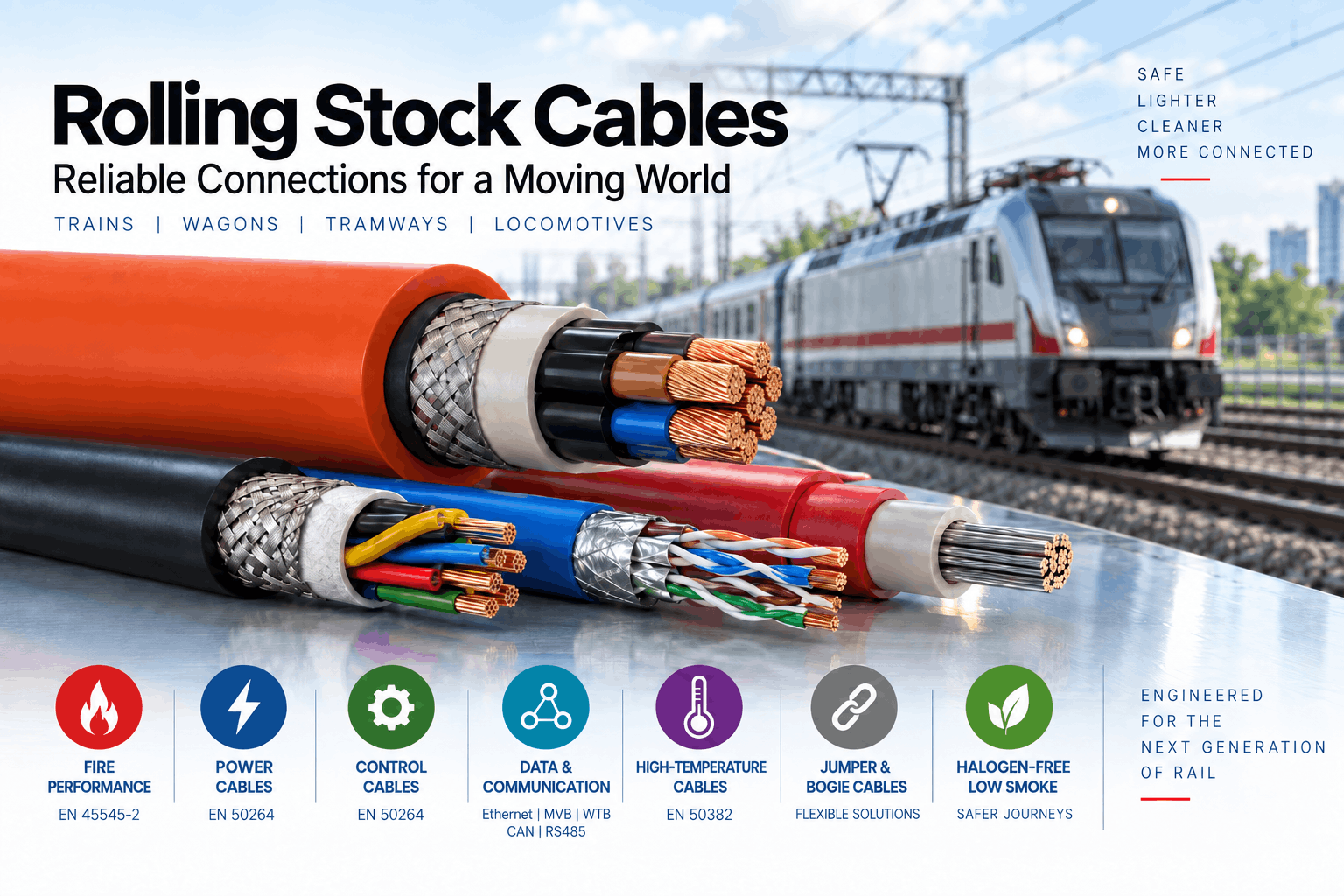 Rolling stock cables for trains, wagons, tramways and locomotives showing power, control, data communication, high-temperature, jumper and bogie cable applications with EN 45545-2, EN 50264 and EN 50382 references.