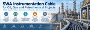 SWA instrumentation cable infographic for oil, gas and petrochemical projects showing mechanical protection, signal integrity, temperature performance, PVC or LSZH options and applications in refineries, tank farms, compressor stations and offshore facilities.