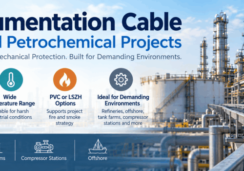 SWA instrumentation cable infographic for oil, gas and petrochemical projects showing mechanical protection, signal integrity, temperature performance, PVC or LSZH options and applications in refineries, tank farms, compressor stations and offshore facilities.