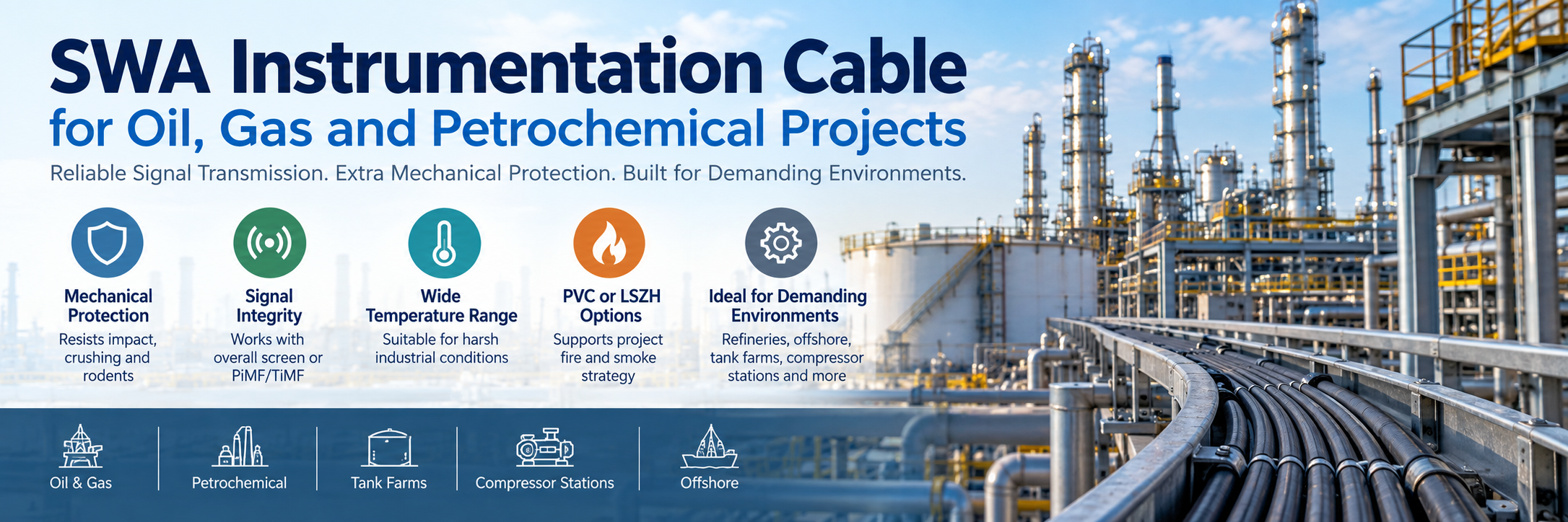 SWA instrumentation cable infographic for oil, gas and petrochemical projects showing mechanical protection, signal integrity, temperature performance, PVC or LSZH options and applications in refineries, tank farms, compressor stations and offshore facilities.