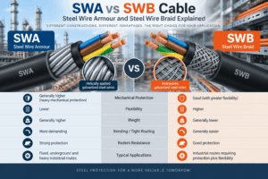 SWA vs SWB cable comparison showing steel wire armour and steel wire braid differences in mechanical protection, flexibility, weight, bending and typical applications.