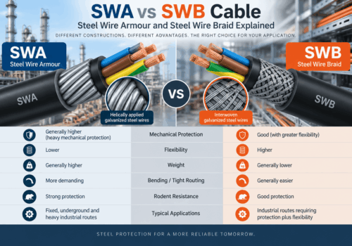 SWA vs SWB cable comparison showing steel wire armour and steel wire braid differences in mechanical protection, flexibility, weight, bending and typical applications.