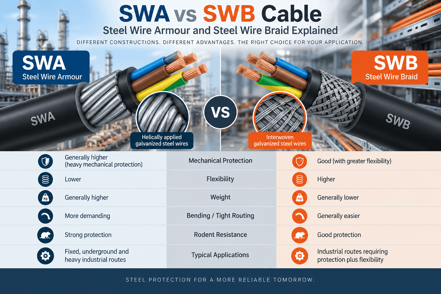 SWA vs SWB cable comparison showing steel wire armour and steel wire braid differences in mechanical protection, flexibility, weight, bending and typical applications.