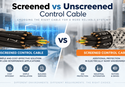 Screened vs unscreened control cable comparison showing shielded and non-shielded cable constructions for EMI protection, industrial automation, motors, drives and general control applications.