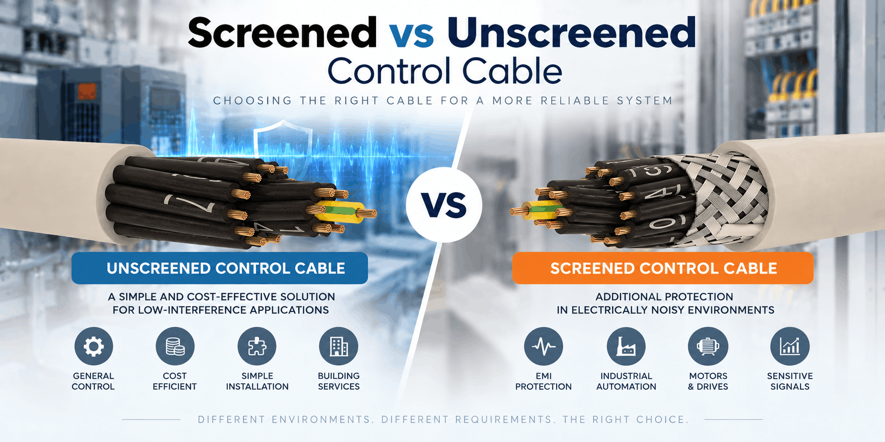 Screened vs unscreened control cable comparison showing shielded and non-shielded cable constructions for EMI protection, industrial automation, motors, drives and general control applications.