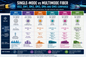 Single-mode vs multimode fiber comparison showing OS2, OM1, OM2, OM3, OM4 and OM5 core sizes, bandwidth, Ethernet reach and typical applications.