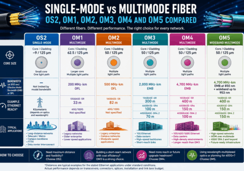 Single-mode vs multimode fiber comparison showing OS2, OM1, OM2, OM3, OM4 and OM5 core sizes, bandwidth, Ethernet reach and typical applications.