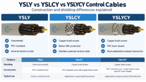 YSLY vs YSLCY vs YSLYCY control cable comparison showing unshielded YSLY, copper braid screened YSLCY and YSLYCY with copper braid screen and PVC inner sheath.