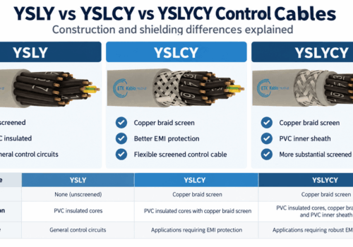 YSLY vs YSLCY vs YSLYCY control cable comparison showing unshielded YSLY, copper braid screened YSLCY and YSLYCY with copper braid screen and PVC inner sheath.