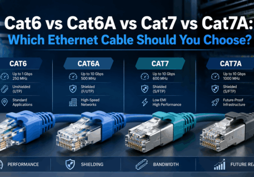 Cat6 vs Cat6A vs Cat7 vs Cat7A Ethernet cable comparison showing bandwidth, shielding and typical network applications.