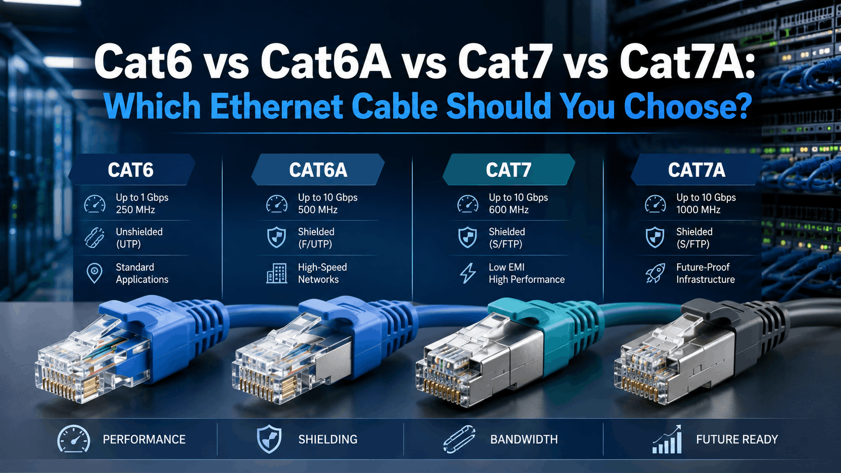 Cat6 vs Cat6A vs Cat7 vs Cat7A Ethernet cable comparison showing bandwidth, shielding and typical network applications.