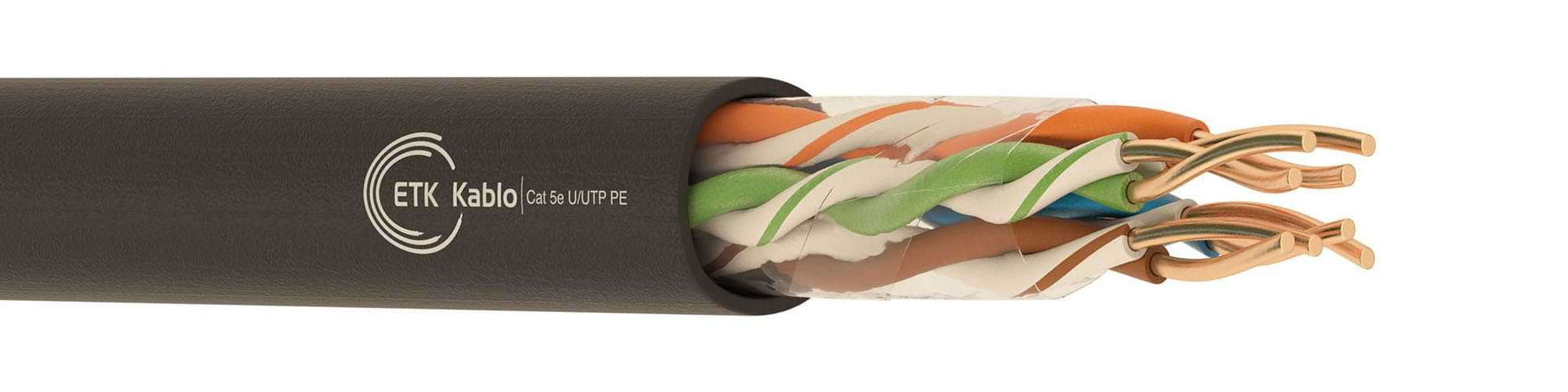 CAT 5e U/UTP PE Ethernet Kablo | ETK Kablo CAT 5e U/UTP PE Ethernet kablo – 4 çift katı bakır iletken, dış ortam PE kılıf ile 1 Gbps’ye kadar yapılandırılmış kablolama için – ETK Kablo