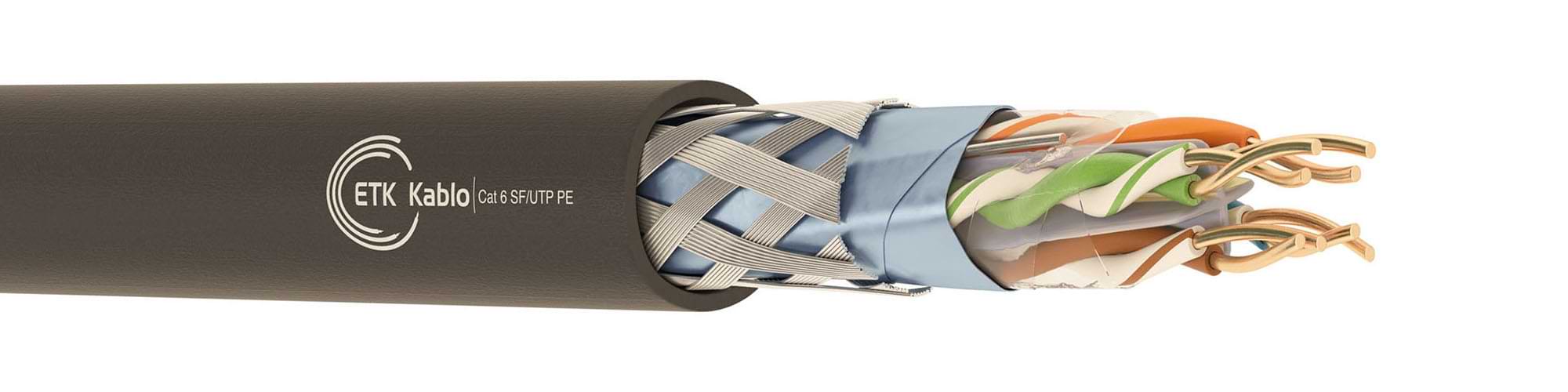 CAT 6 SF/UTP PE Ethernet Kablo | ETK Kablo CAT 6 SF/UTP PE Ethernet kablo – genel folyo + örgü ekranlı (SF) unshielded bükümlü çift (UTP), dış ortama uygun PE kılıf, gigabit ağlar için – ETK Kablo