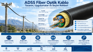 ADSS kablo seçimi için gevşek tüpler, aramid iplik, FRP eleman, açıklık mesafesi, rüzgâr ve buz yüklerini gösteren infografik.
