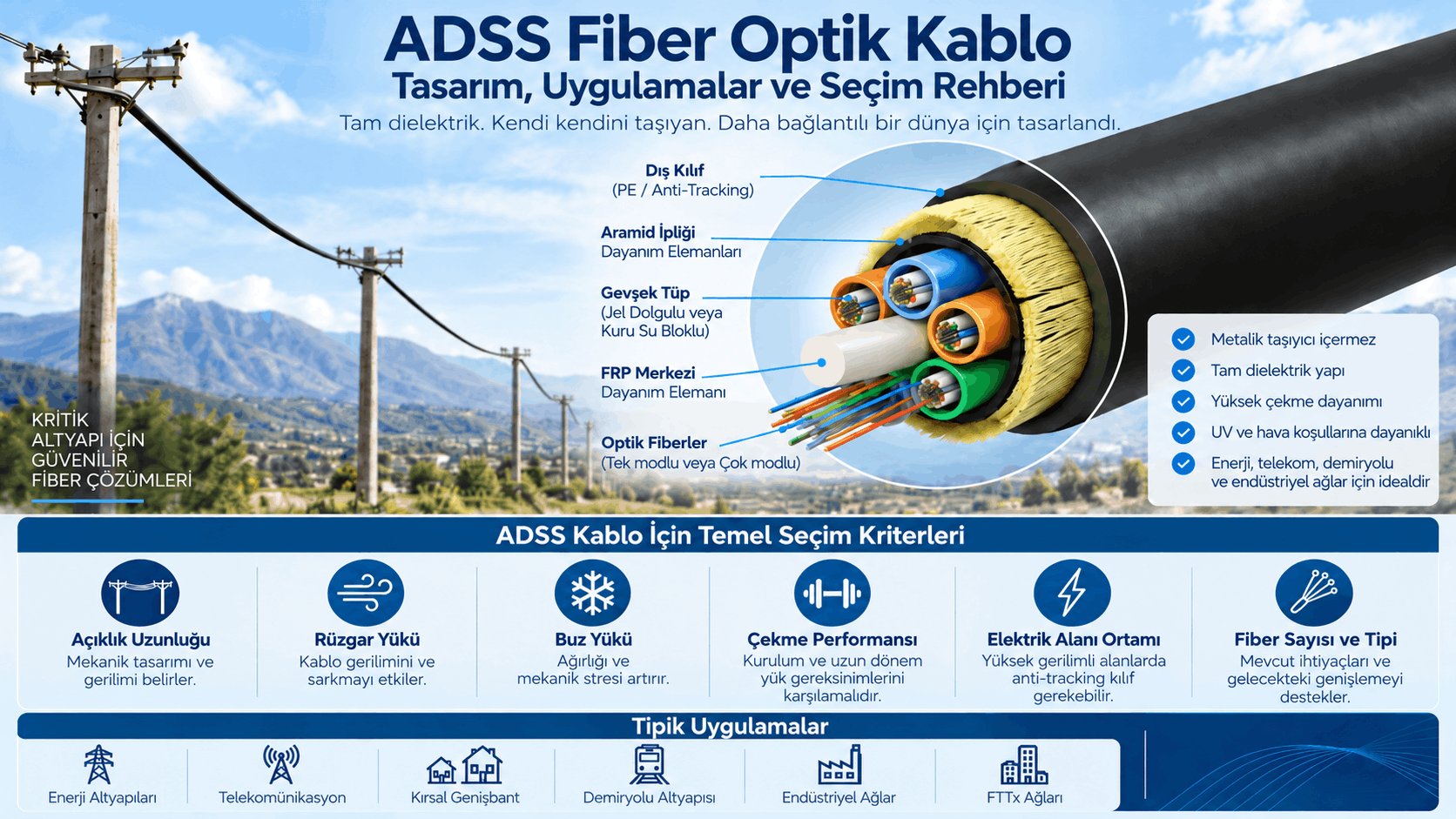 ADSS kablo seçimi için gevşek tüpler, aramid iplik, FRP eleman, açıklık mesafesi, rüzgâr ve buz yüklerini gösteren infografik.