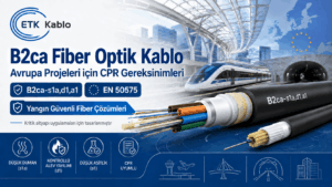 B2ca-s1a,d1,a1 sınıfı fiber optik kabloyu, EN 50575 CPR gereksinimlerini, düşük duman, kontrollü alev yayılımı ve düşük asitlik özelliklerini gösteren ETK Kablo görseli.