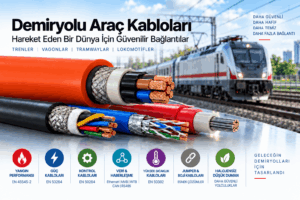 Demiryolu araç kablolarını; EN 45545-2 yangın performansı, EN 50264 güç ve kontrol kabloları, EN 50382 yüksek sıcaklık kabloları, veri haberleşmesi, jumper ve boji uygulamaları açısından gösteren infografik.