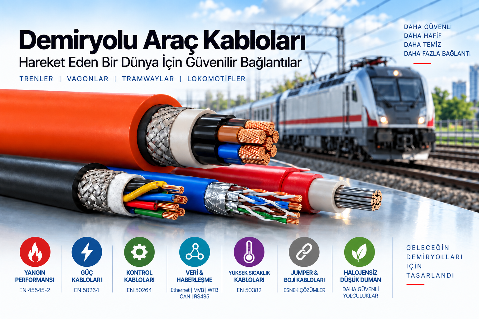 Demiryolu araç kablolarını; EN 45545-2 yangın performansı, EN 50264 güç ve kontrol kabloları, EN 50382 yüksek sıcaklık kabloları, veri haberleşmesi, jumper ve boji uygulamaları açısından gösteren infografik.