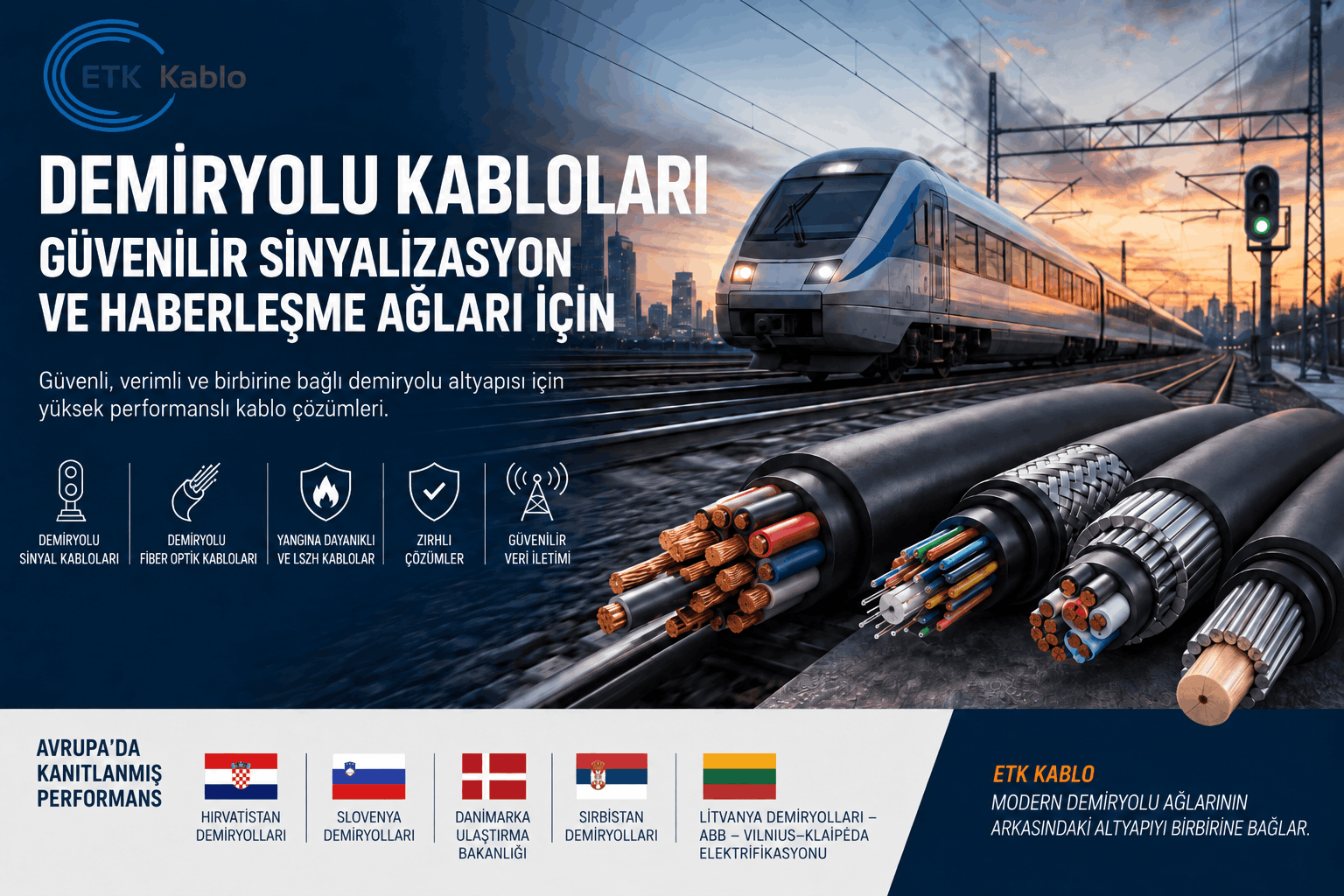 Demiryolu kabloları için sinyalizasyon, fiber optik, zırhlı ve yangına dayanıklı kablo çözümlerini gösteren raylı sistem altyapısı görseli.