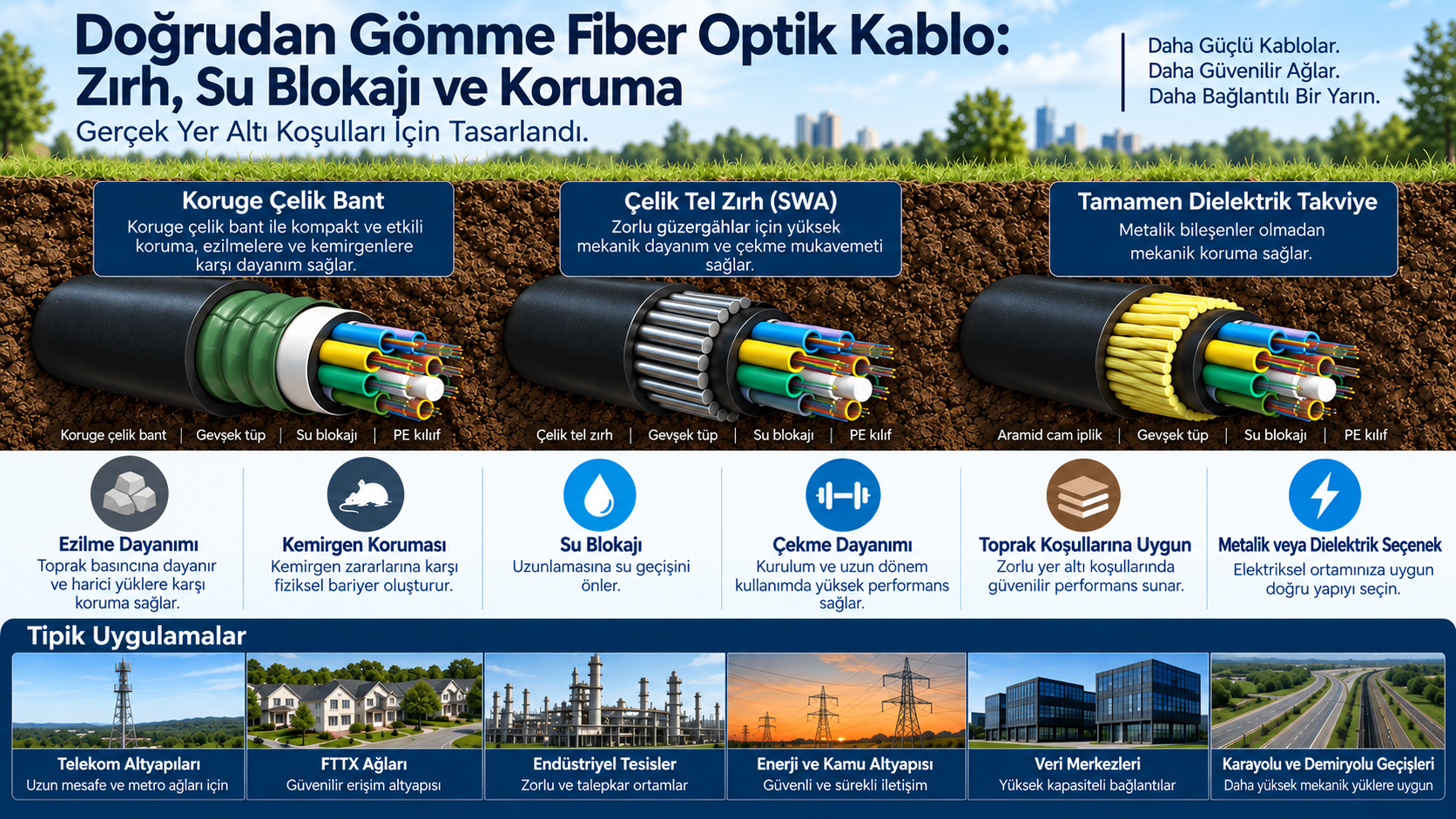 Doğrudan gömme fiber kablo için korüge çelik bant, çelik tel zırh ve dielektrik takviye seçeneklerinin karşılaştırması.