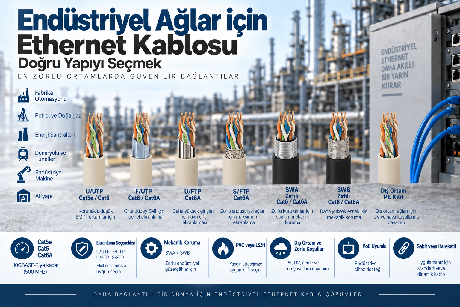 Endüstriyel Ethernet kablosu seçenekleri: Cat5e, Cat6 ve Cat6A için ekranlama, SWA ve SWB zırh ile dış kılıf karşılaştırması.
