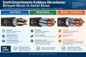 Enstrümantasyon kablosu ekranlama yöntemlerini gösteren, genel ekran, bireysel ekran ve bireysel + genel ekran yapılarını EMI koruması, devreler arası ayrım ve kullanım alanlarına göre karşılaştıran infografik.