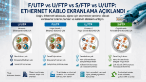 U/UTP, F/UTP, U/FTP ve S/FTP Ethernet kablo ekranlama türlerini; genel ekran, çift bazında folyo, EMI koruması, crosstalk kontrolü ve kullanım alanlarına göre karşılaştıran infografik.