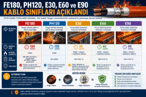 FE180, PH120, E30, E60 ve E90 yangına dayanıklı kablo sınıflarını; süre, devre bütünlüğü, mekanik şok, DIN 4102-12, EN 50200 ve komple kurulum sistemi açısından karşılaştıran infografik.