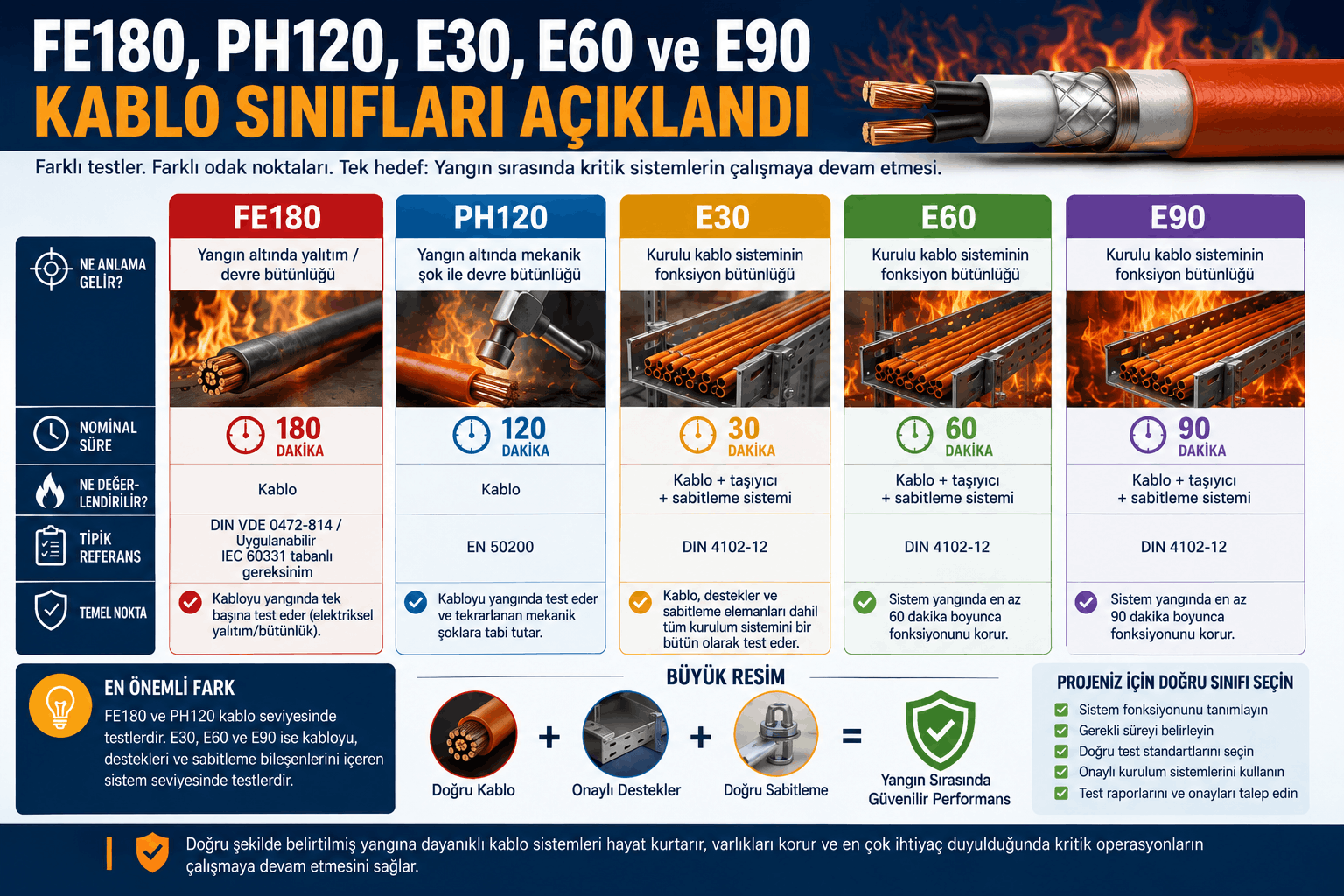 FE180, PH120, E30, E60 ve E90 yangına dayanıklı kablo sınıflarını; süre, devre bütünlüğü, mekanik şok, DIN 4102-12, EN 50200 ve komple kurulum sistemi açısından karşılaştıran infografik.
