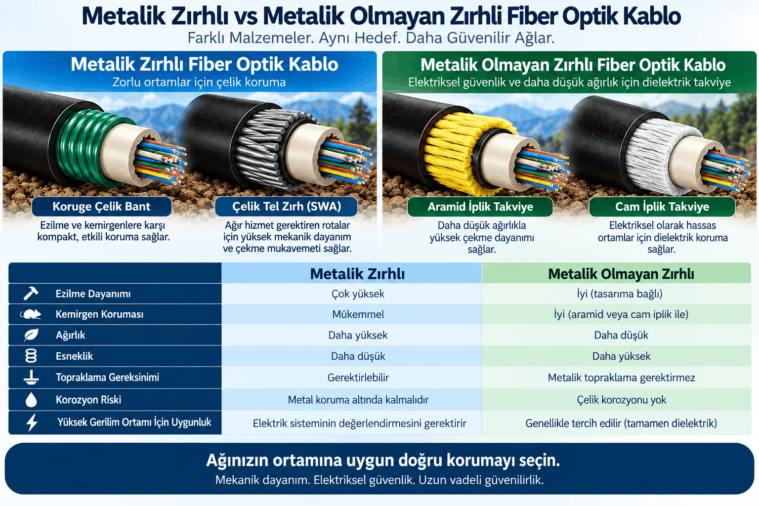 Fiber kablo zırh karşılaştırması: koruge çelik bant, çelik tel zırh, aramid ve cam ipliğin mekanik ve elektriksel özellikleri.