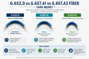 G.652D, G.657A1 ve G.657A2 tek mod fiber tiplerini bükülme yarıçapı, G.652D uyumluluğu, bükülme performansı ve kullanım alanlarına göre karşılaştıran infografik.