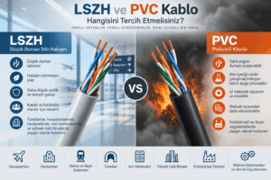 LSZH ve PVC kablo karşılaştırması; düşük duman, halojensiz yapı, yangın güvenliği, dayanıklılık ve kullanım alanları karşılaştırması.