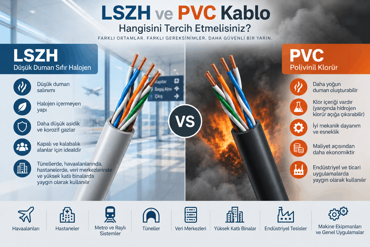 LSZH ve PVC kablo karşılaştırması; düşük duman, halojensiz yapı, yangın güvenliği, dayanıklılık ve kullanım alanları karşılaştırması.